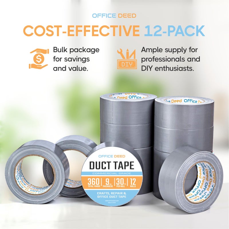 Office Deed Duct Tape Heavy Duty Waterproof, 30 Yards x 2 Inch, 12-Roll Pack, All-Weather Grey Duct Tape Bulk, Strong, No Residue, Industrial and Professional Use - Image 2